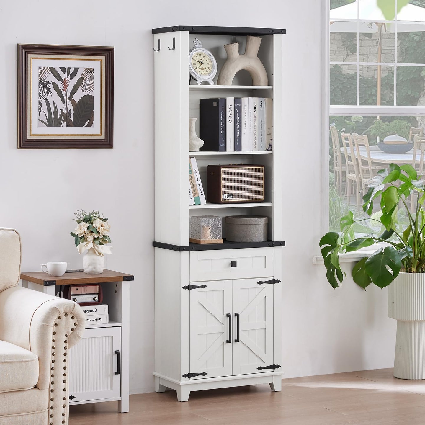 White 7-tier bookcase with drawer and barn doors, multiple open shelves