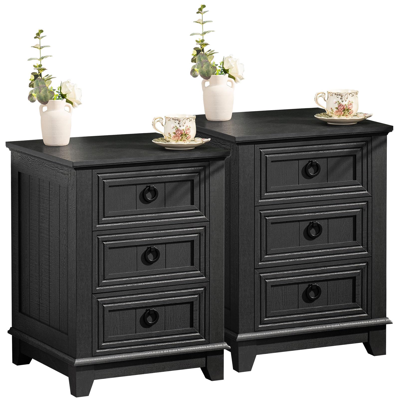 Black farmhouse nightstand set of 2 with three drawers and round metal pulls