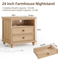 Light wood farmhouse nightstand with two drawers and open cabinet, turned bun feet