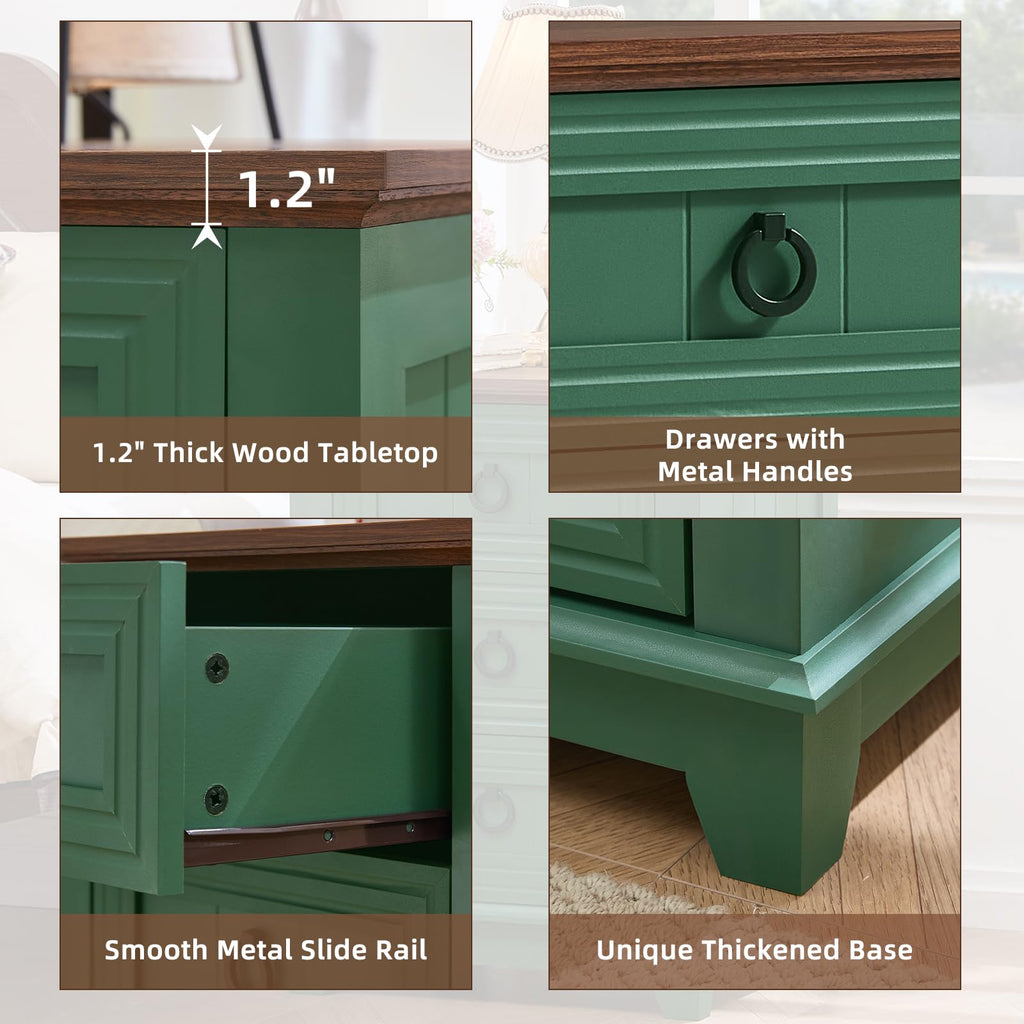 Green nightstand detail showing thick wood tabletop edge and metal drawer handles