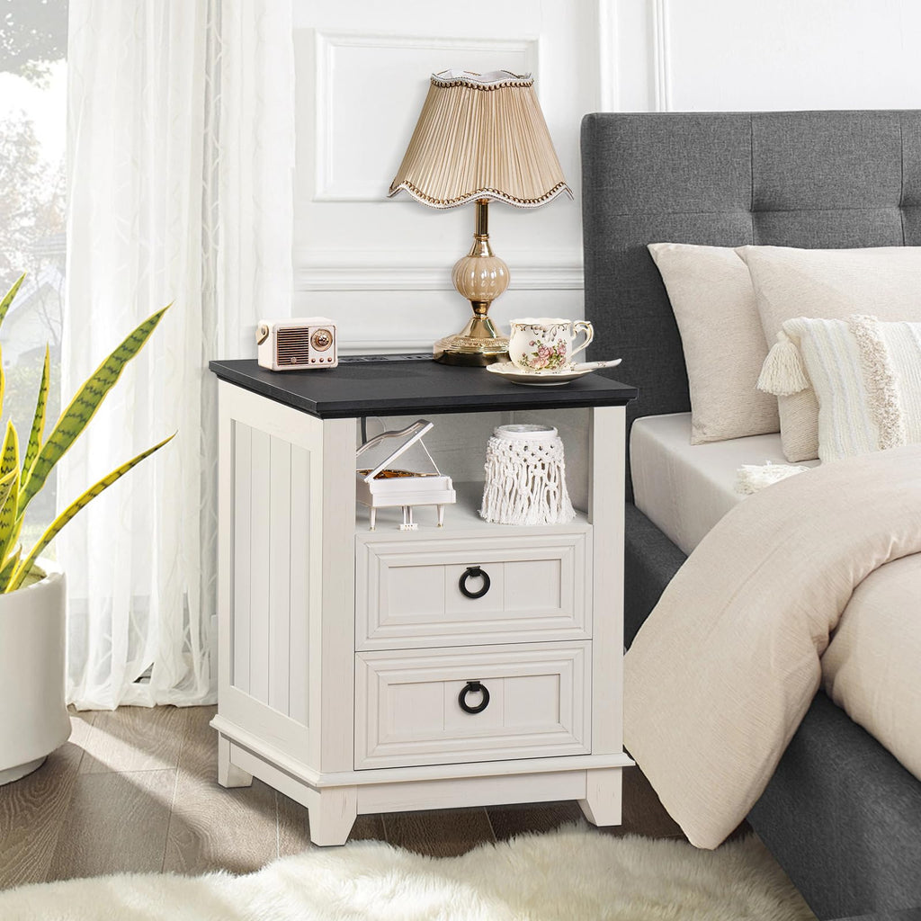 White farmhouse end table with dark top and two drawers, matching side unit for set
