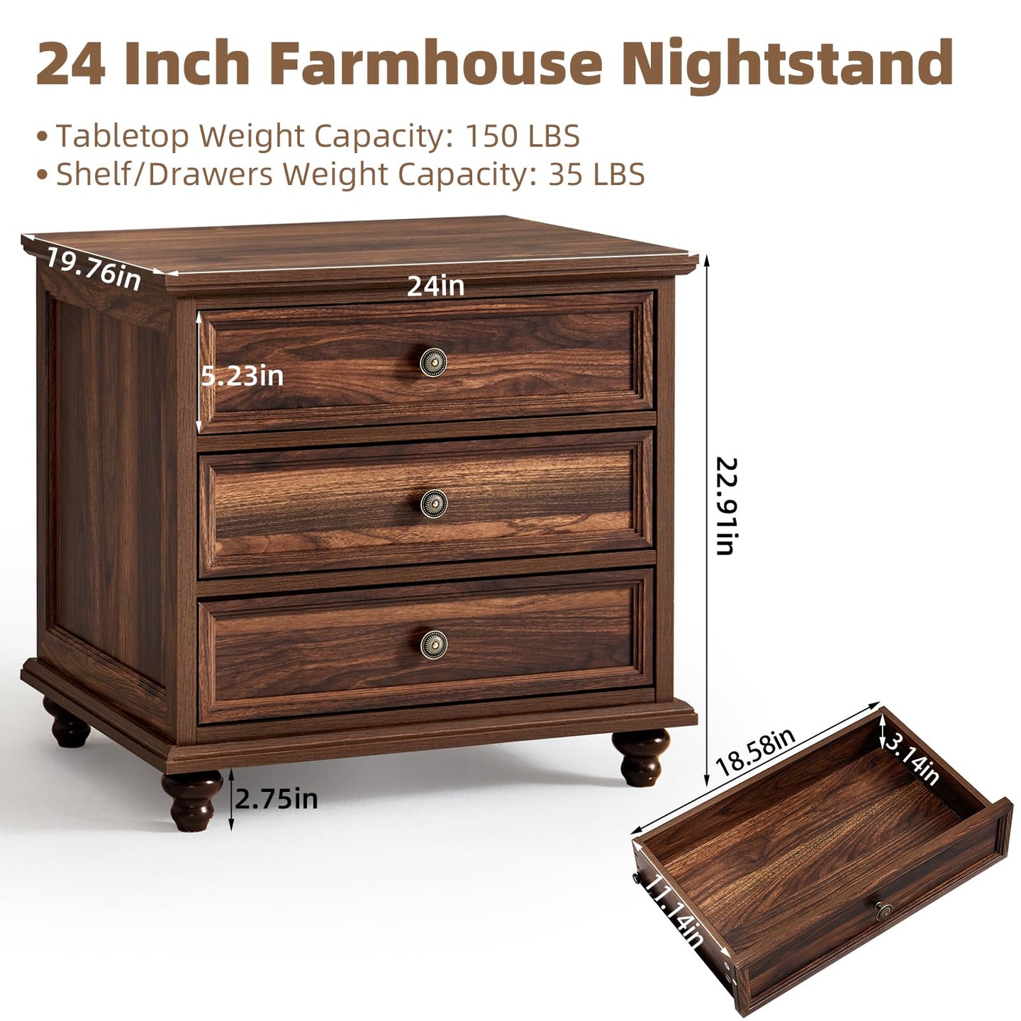Brown farmhouse nightstand with 3 drawers, round metal pulls, and turned legs