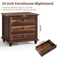 Brown farmhouse nightstand with 3 drawers, round metal pulls, and turned legs