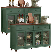 Green farmhouse sideboard buffet cabinet with glass-pane doors and drawer storage