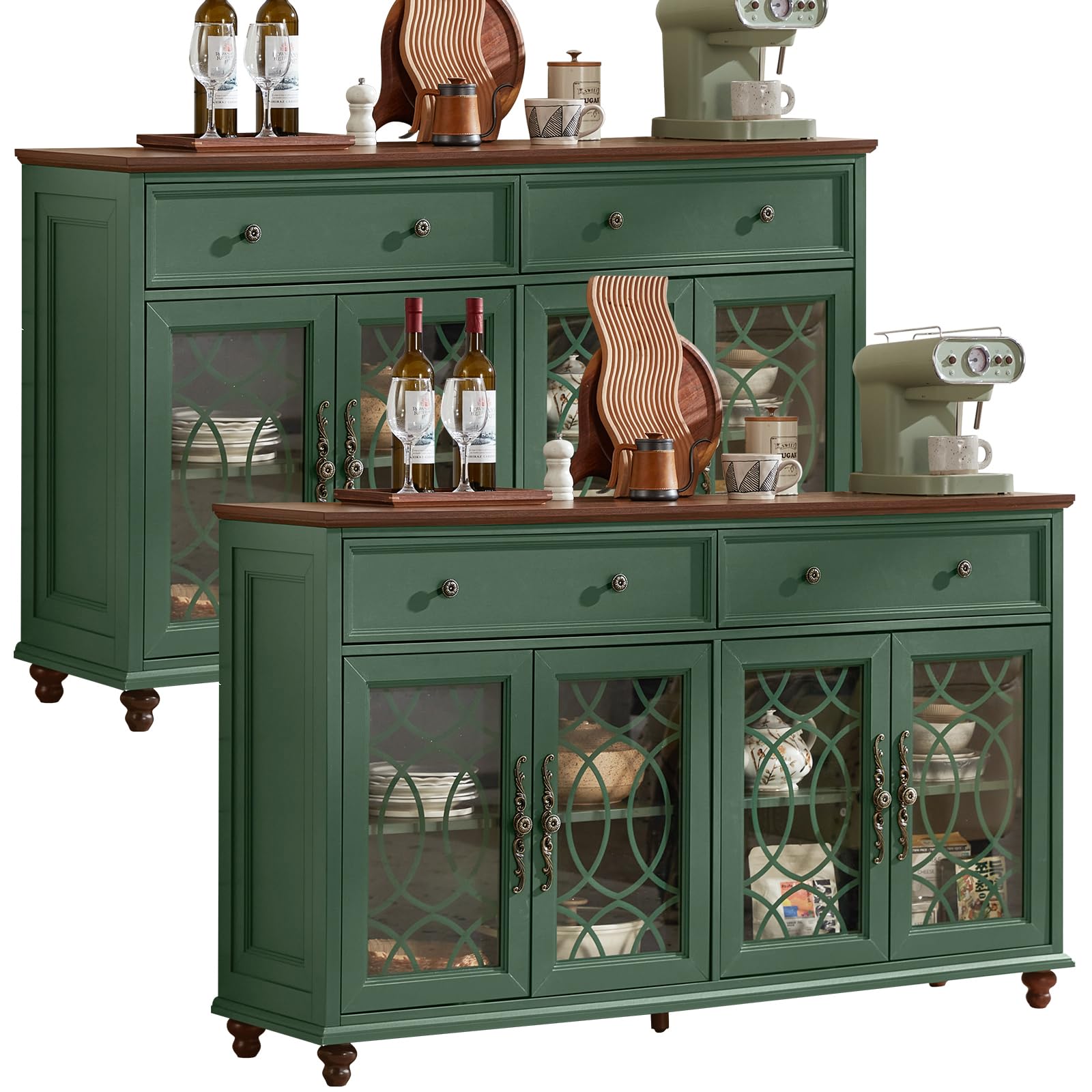 Green sideboard buffet cabinet with four glass doors and two drawers