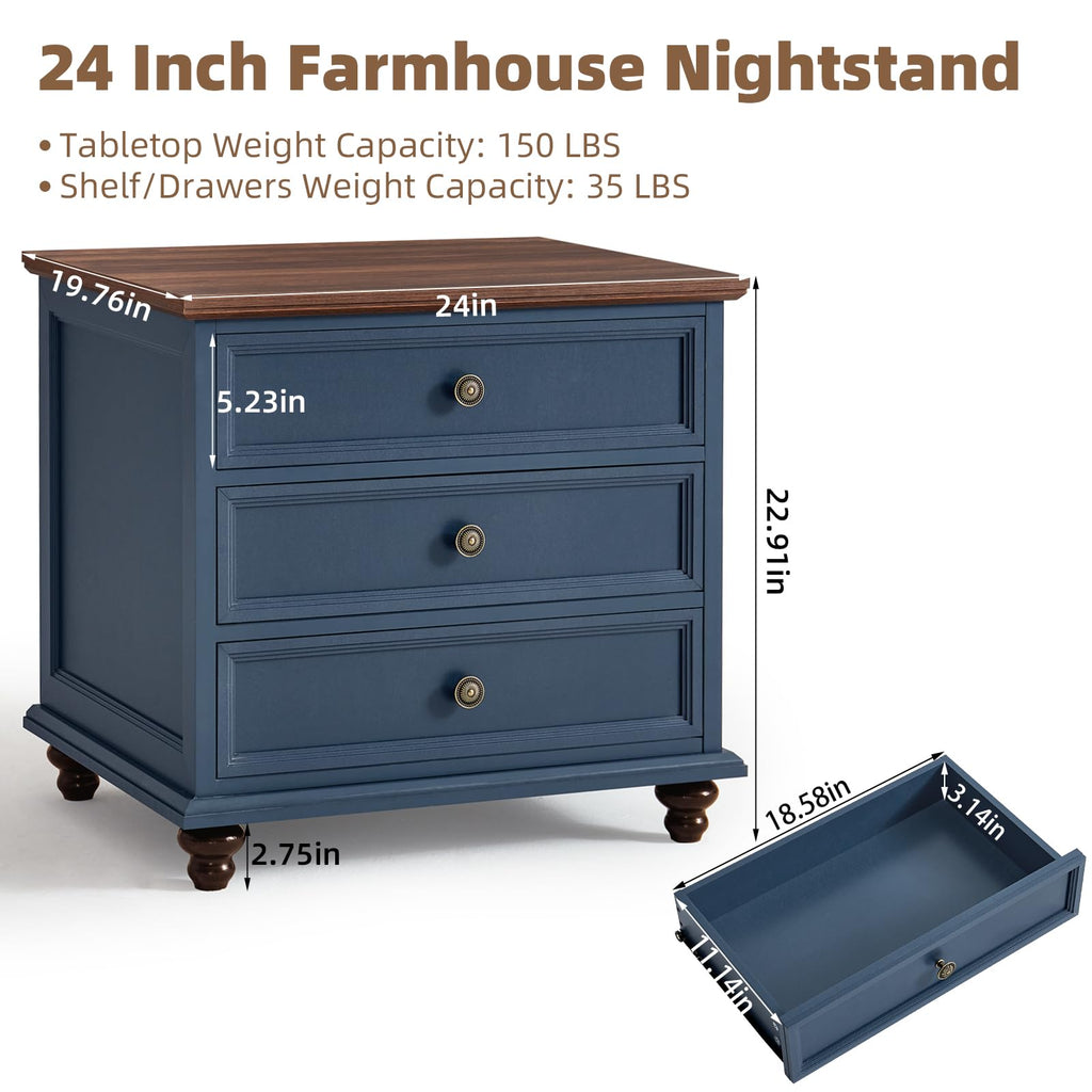 Dark blue dresser with three drawers, decorative molding, and round brass-toned knobs