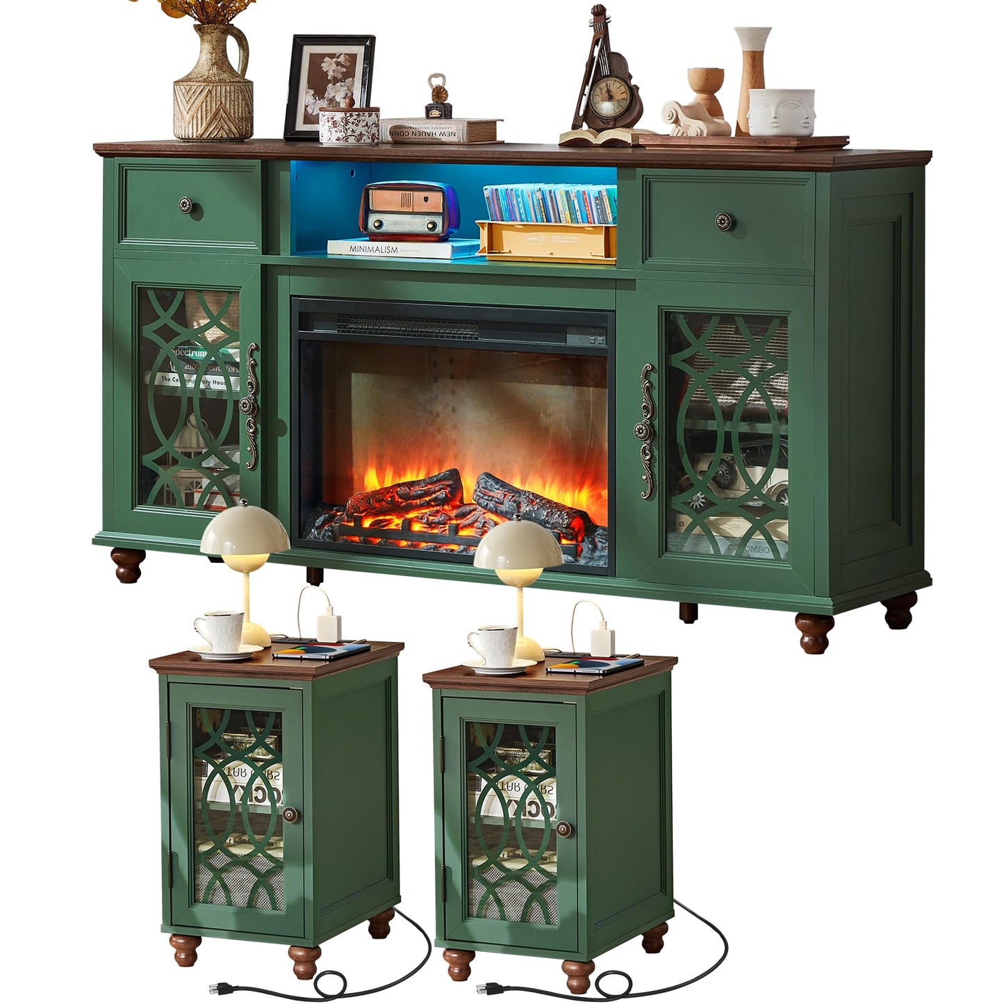 Joaxswe Farmhouse Fireplace TV Stand Sets 3,Side Table with Charger Station | 59" Fire Place TV Stands for Living Room, Entertainment Center Heater for TVs up to 65" with Open Shelves and Drawers, Blue