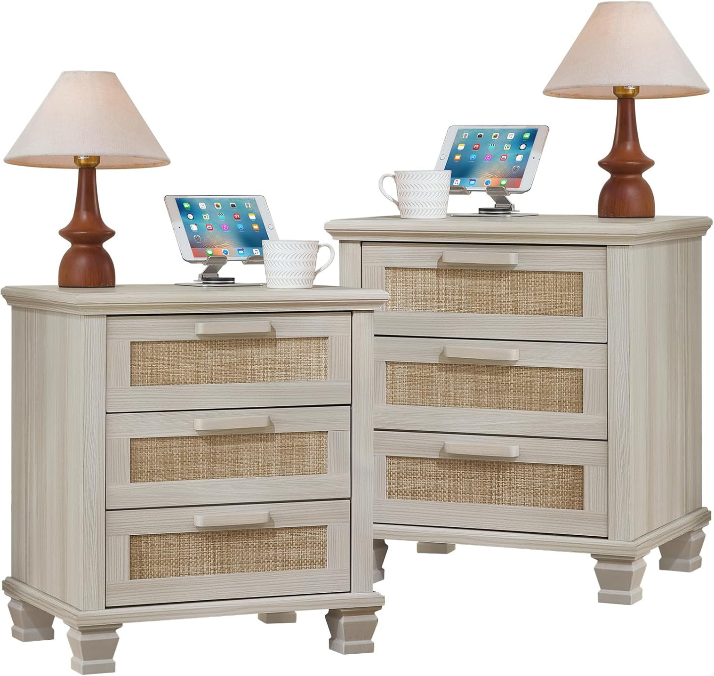 Set of 2 light grey nightstands with 3 drawers each and woven front panels