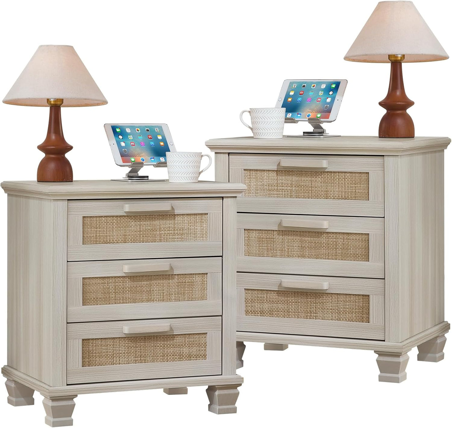 Set of 2 light grey nightstands with 3 drawers each and woven front panels