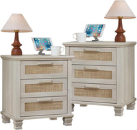 Set of 2 light grey nightstands with 3 drawers each and woven front panels