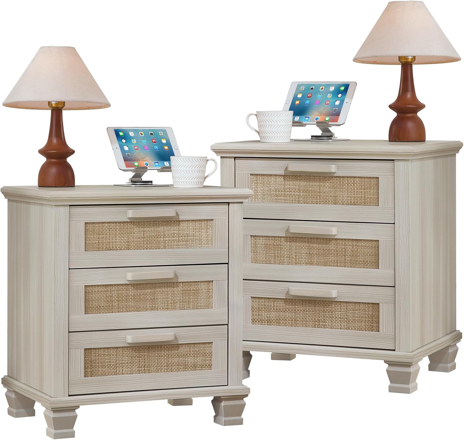 Rattan Nightstand Set of 2 with Drawers, Boho 3 Drawer Dresser, Wood Bedside Tables for Bedroom, Large End Side Tables, Natural Wood