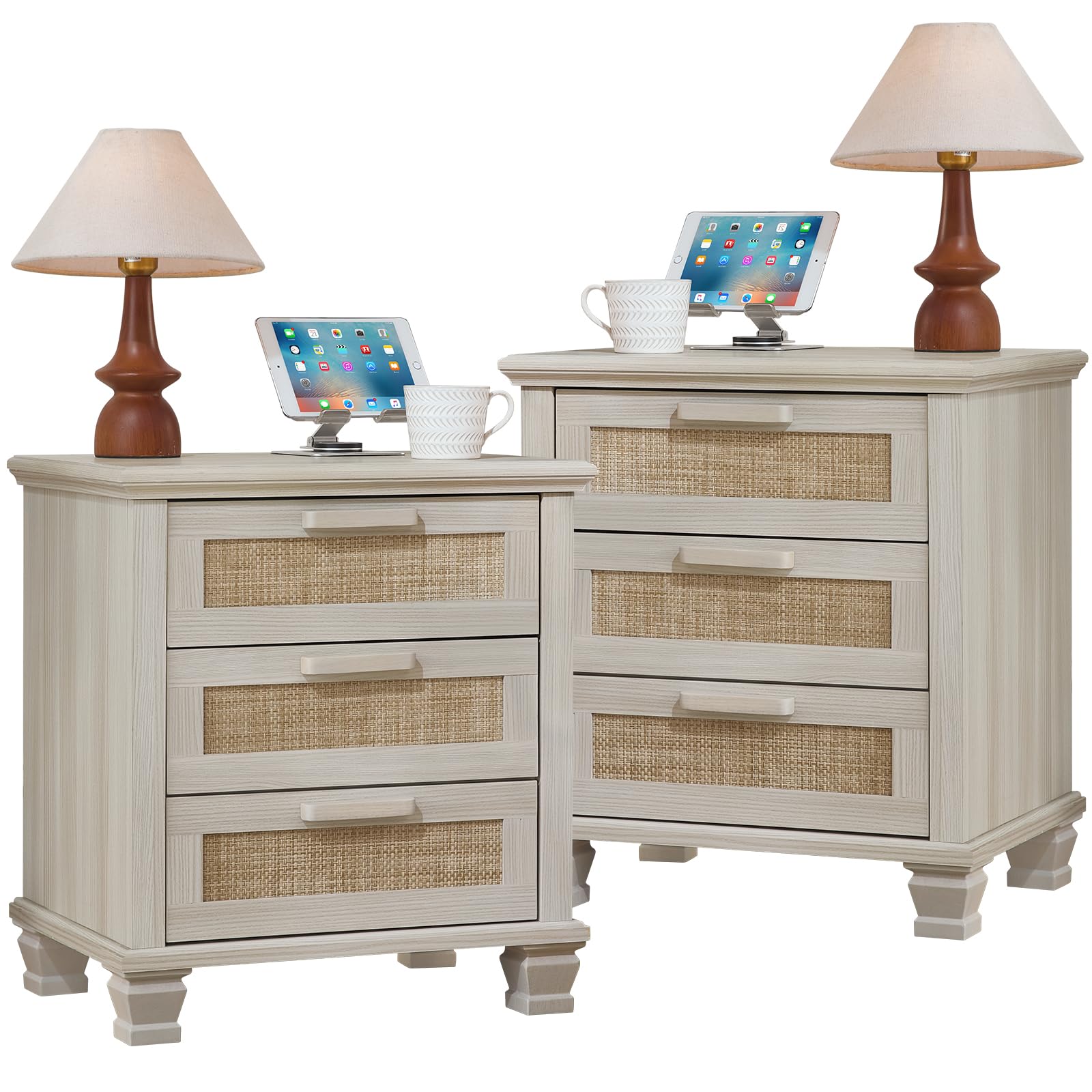 Rattan Nightstand Set of 2 with Drawers, Boho 3 Drawer Dresser, Wood Bedside Tables for Bedroom, Large End Side Tables, Natural Wood