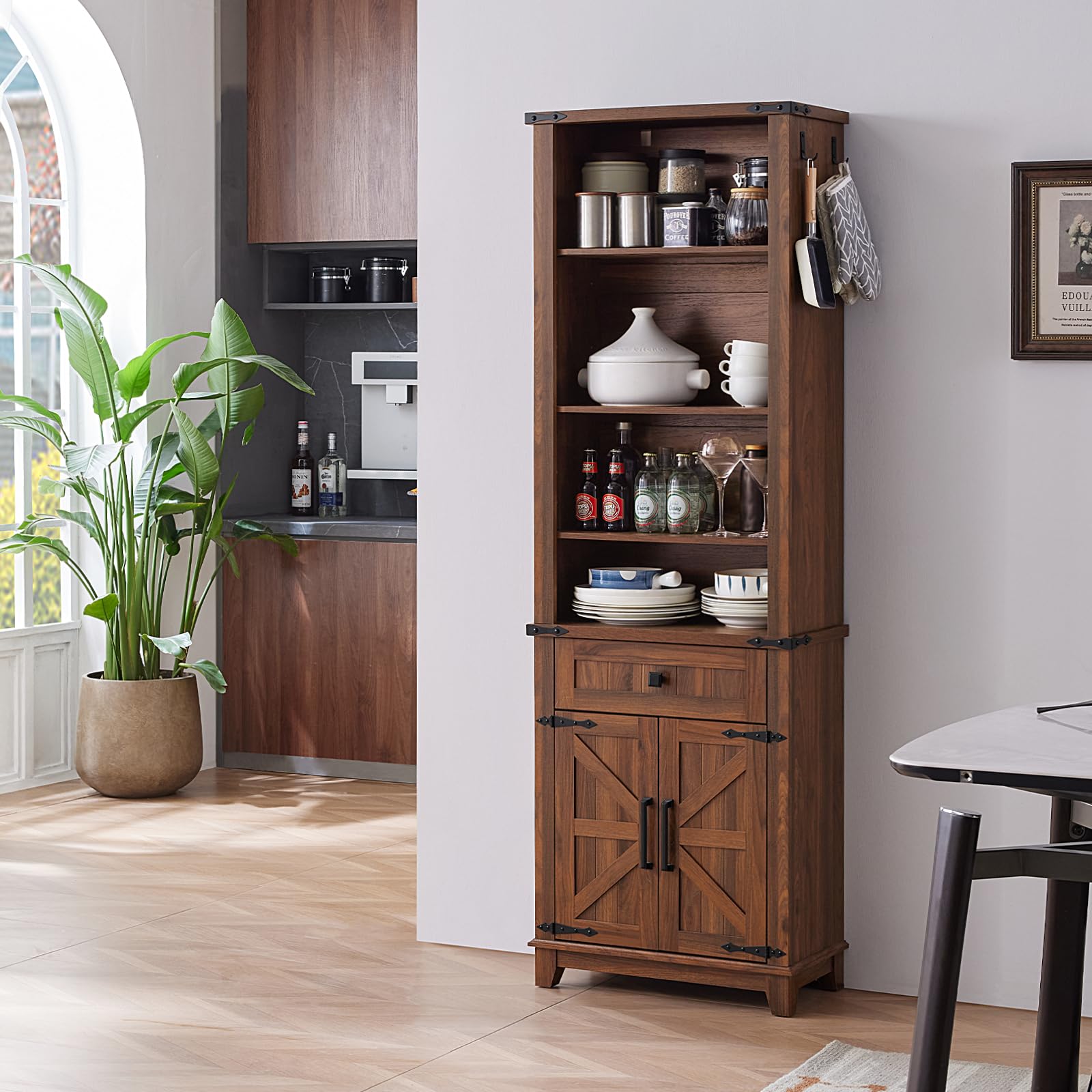 72in Tall Bookshelf 7 Tier Bookcase with Drawer and Barn Doors and Adjustable Shelves, Black Farmhouse Book Shelf with Storage Cabinet, Wood Freestanding Display Bookshelves for Living Room