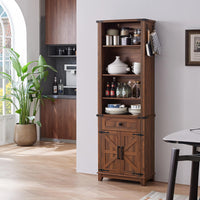 Blue tall bookcase cabinet with open shelves and lower door panels, center drawer