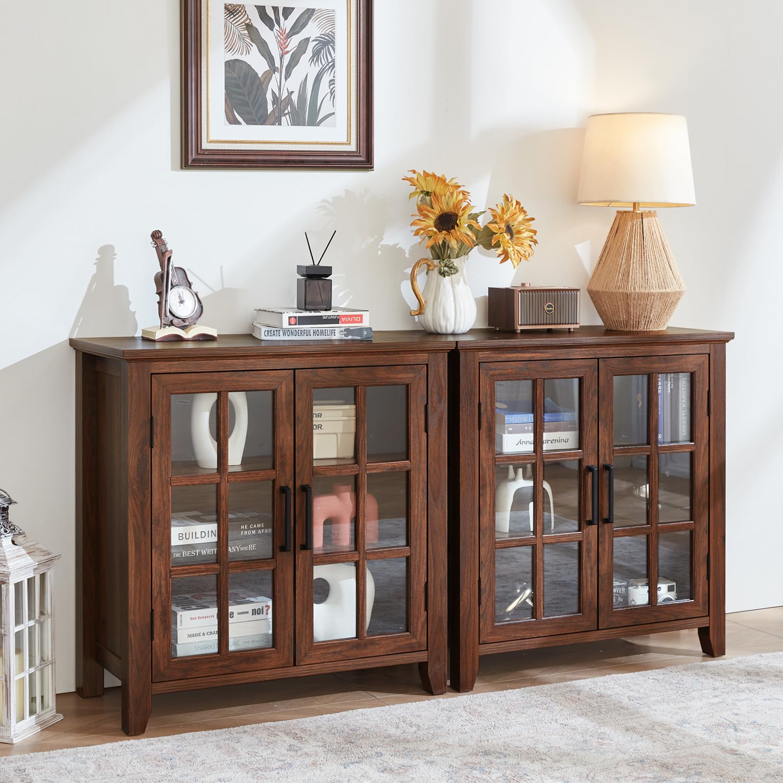 Brown sideboard cabinet with two glass-door compartments and curved wood legs