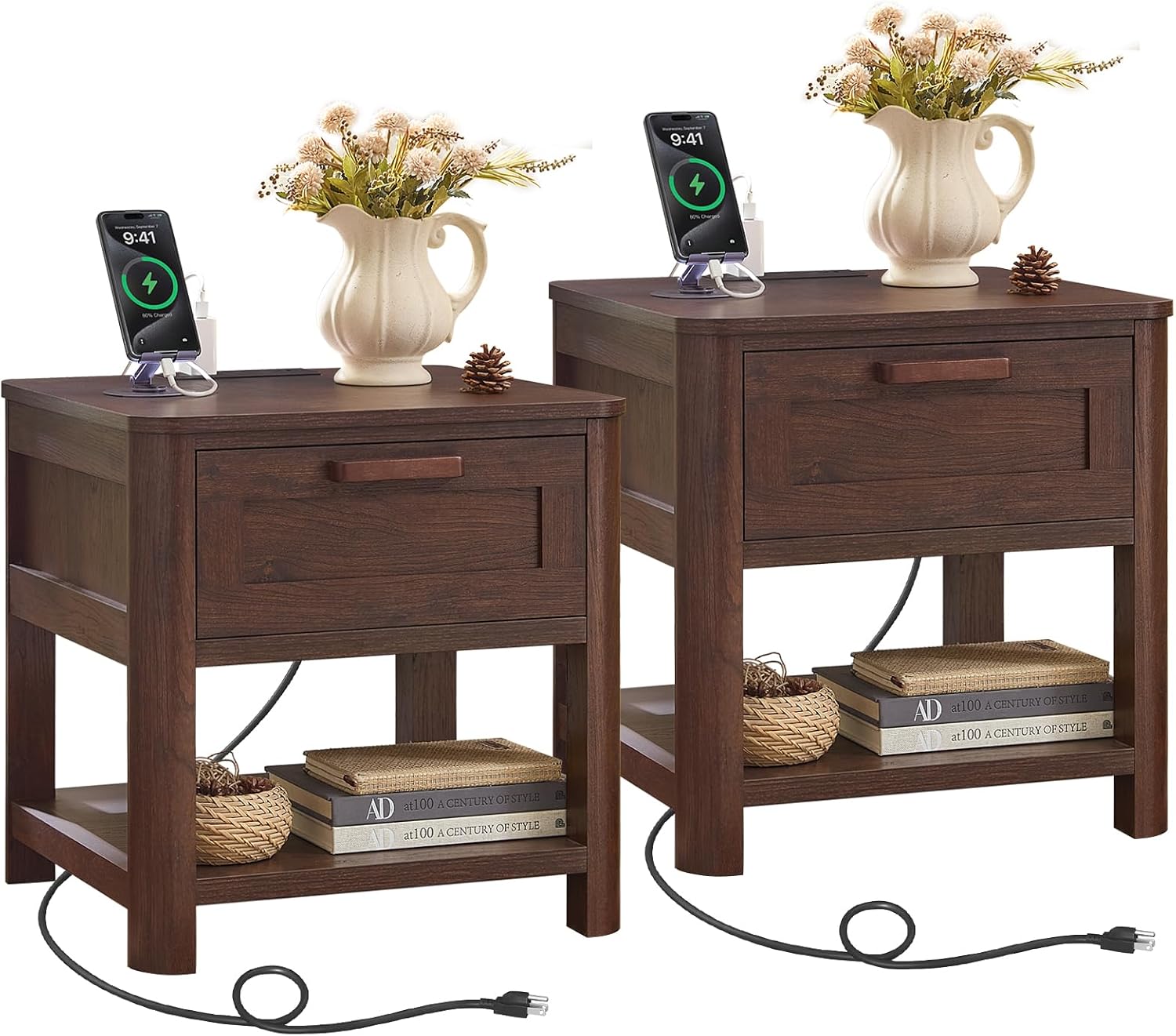 Set of two dark walnut nightstands with drawers, charging pads and cable management