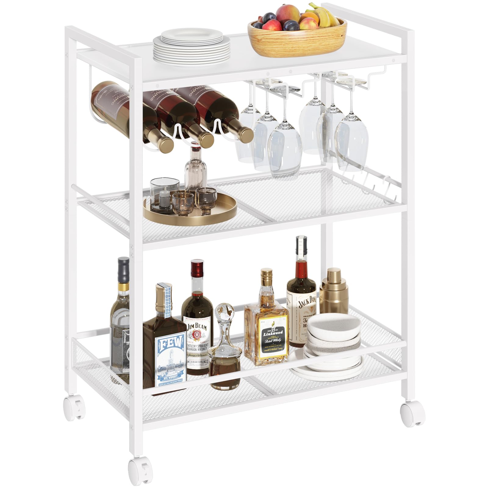 White bar cart with three-tier shelves, wine bottle rack, and glass holders