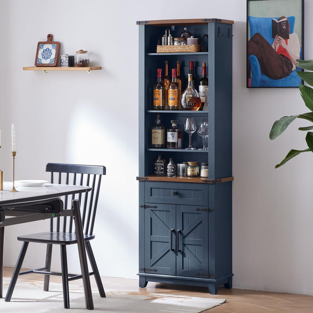 Blue bookcase cabinet with open shelves and double-door storage at the bottom