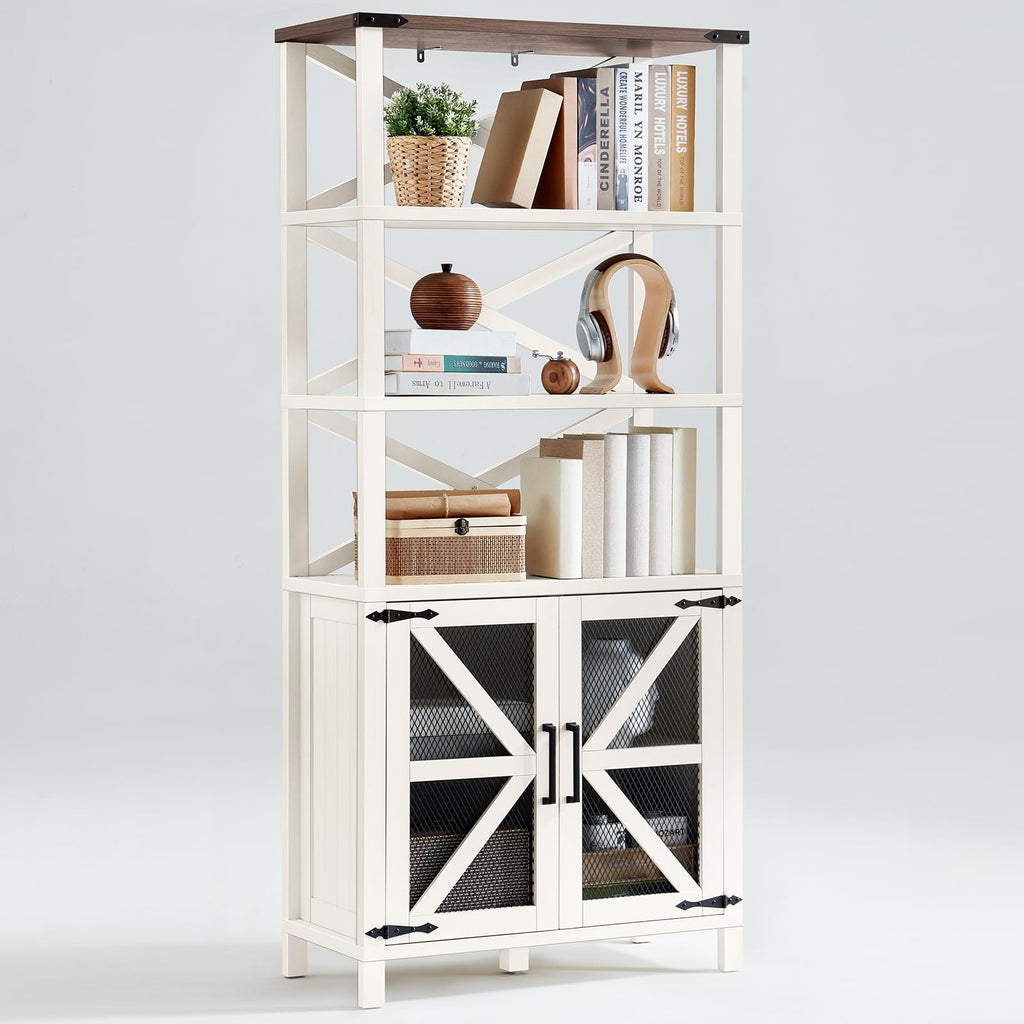 White wood bookcase with open shelves and X-mesh barn-door cabinets with storage