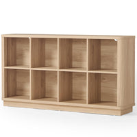 Natural oak 8-cube horizontal storage book shelf with open cubbies and curved top edge