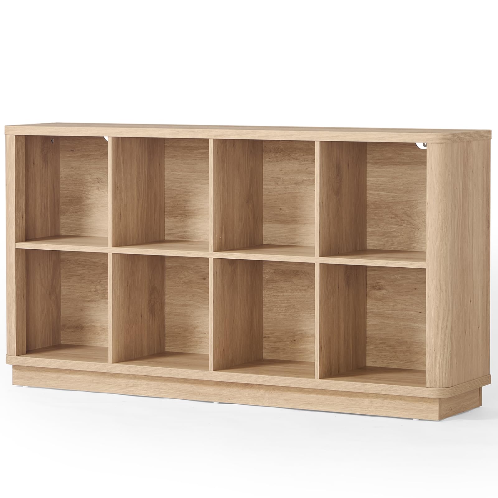 8 Cube Storage Book Shelf, 52" Long Horizontal Bookshelf with Curved Edge, Floor Standing Wooden Cubby Bookcase with Base, Modern Low Console Book Case, TV Stand for Living Room, Natural Oak