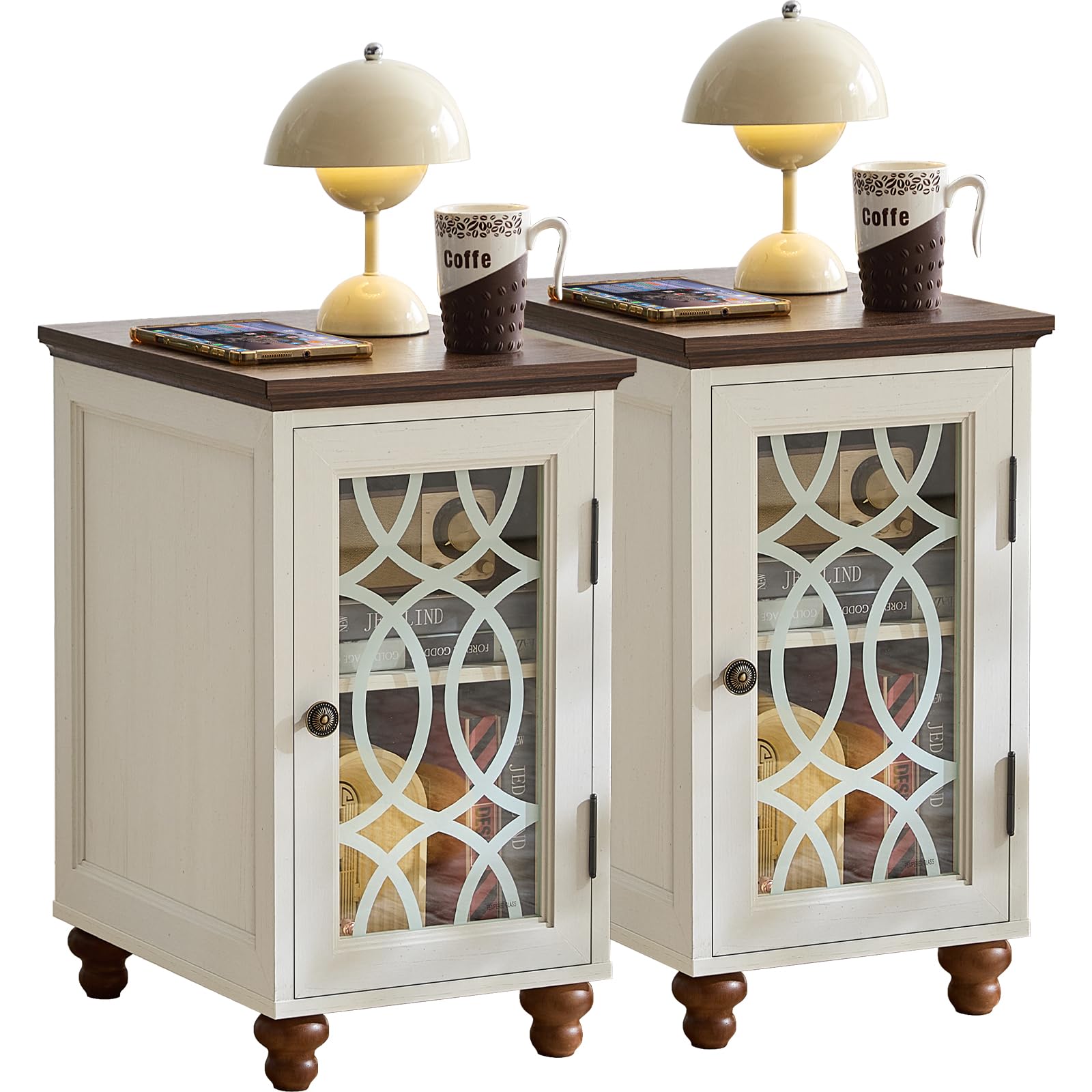Pair of antique white wood nightstands with glass doors and dome lamps on top.