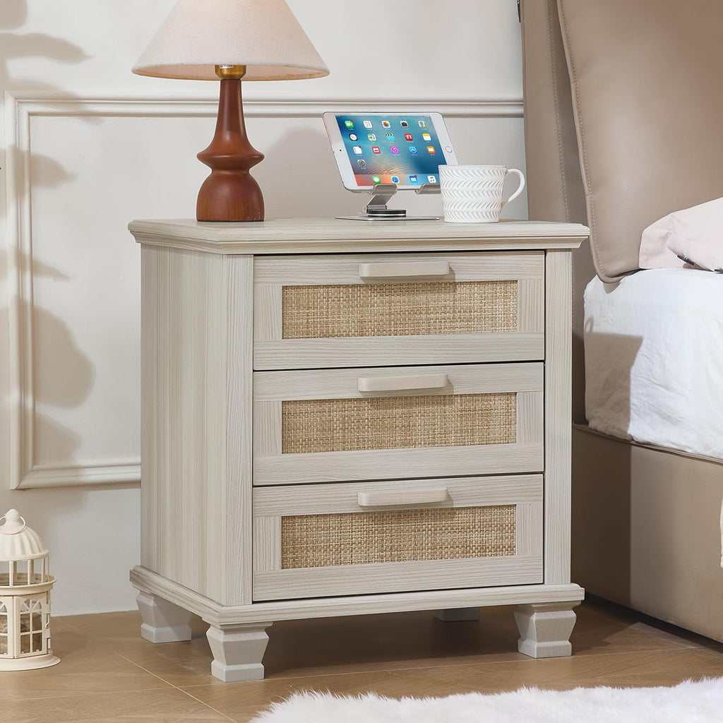 Light grey nightstand with 3 drawers and woven front panels