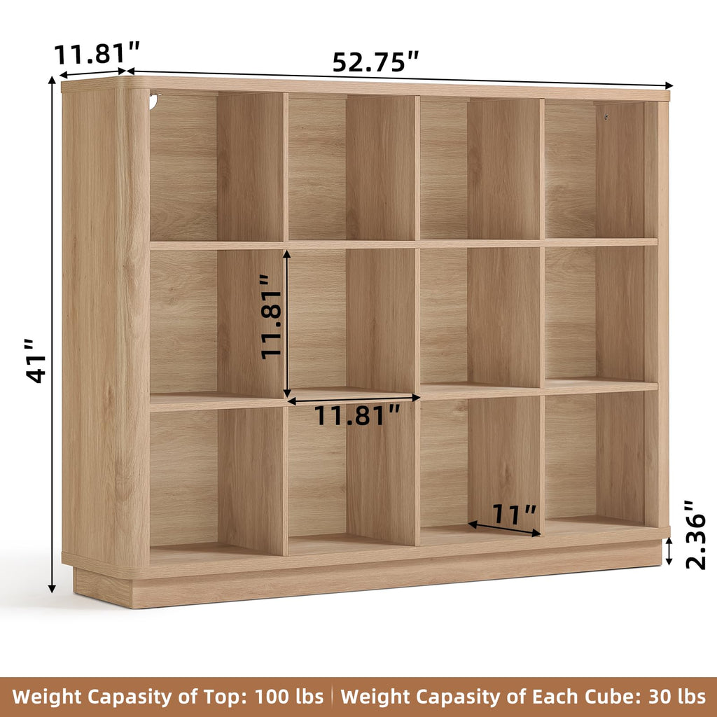 Natural oak cube storage book shelf with 8 open cubbies and curved-edge design