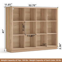 Natural oak cube storage book shelf with 8 open cubbies and curved-edge design