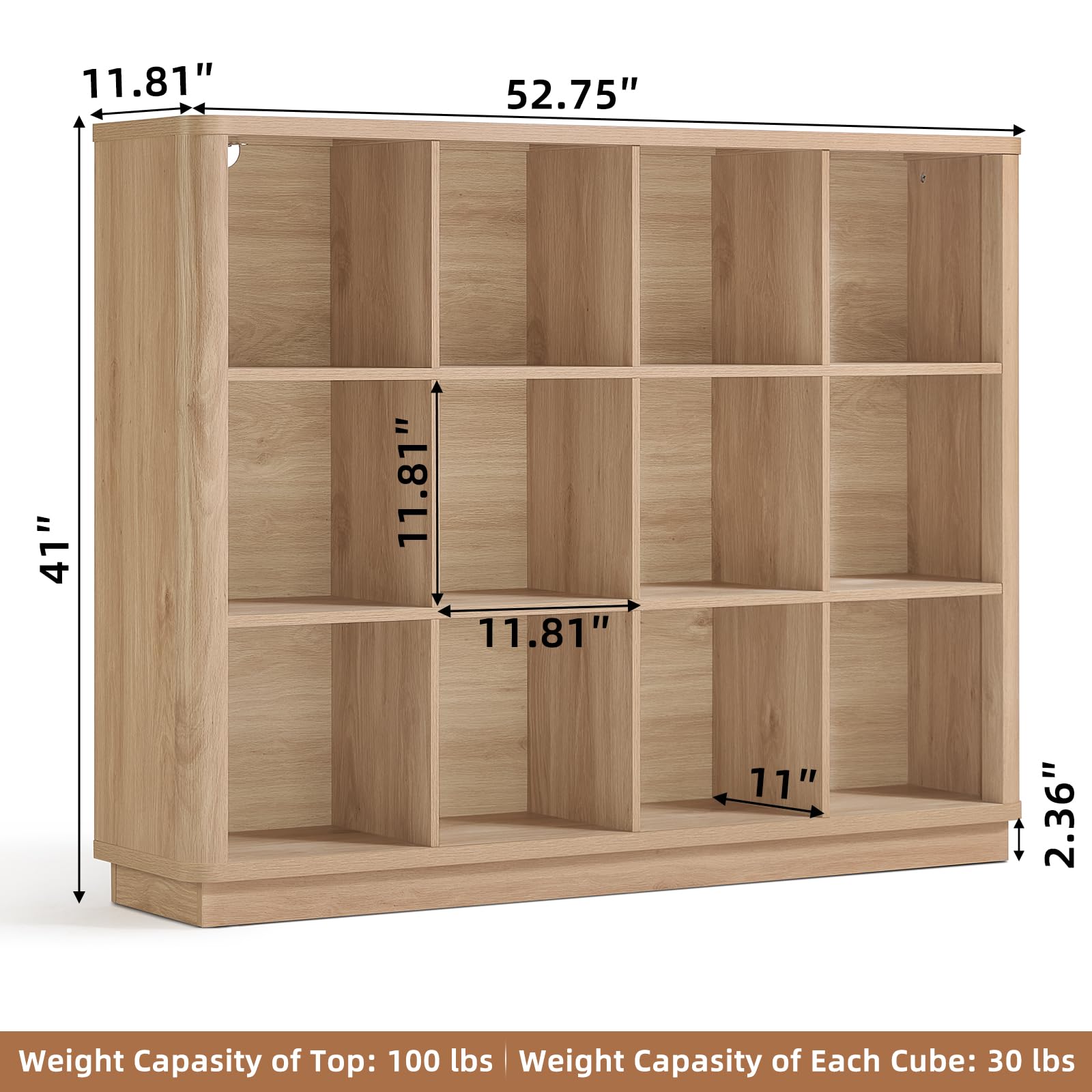 Natural oak cube storage book shelf with 8 open cubbies and curved-edge design