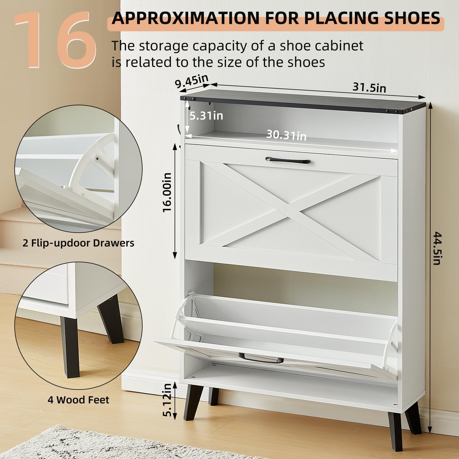 White shoe cabinet with two flip-up drawers and open shoe rack