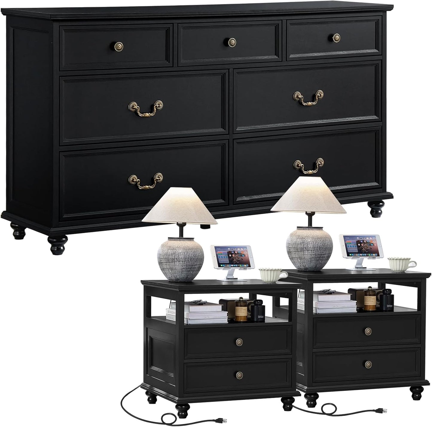 Joaxswe Farmhouse Dresser and Nightstand Sets 3 Piece, Nightstands Set of 2 and 7 Drawers Dresser for Bedroom, 54" Wide and 24" Inch Night Stand Set for Bedroom, Living Room, Hallway