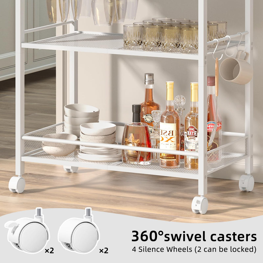 White bar cart shelf with glassware and bottles; 360 swivel caster wheels