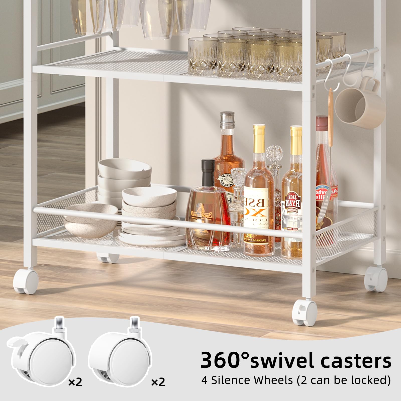 White bar cart shelf with glassware and bottles; 360 swivel caster wheels