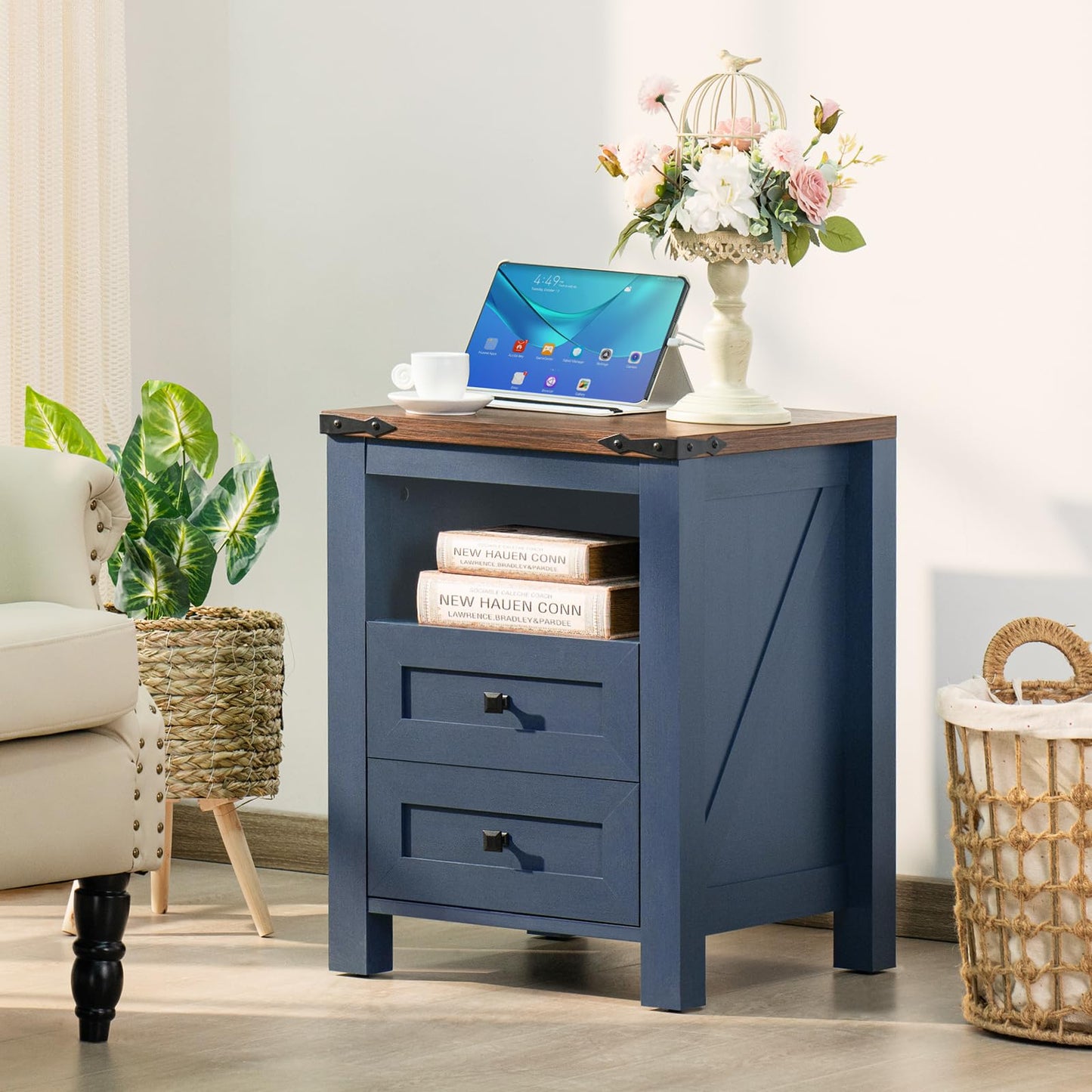 Blue wooden nightstand with 2 drawers and open shelf storage, farmhouse style