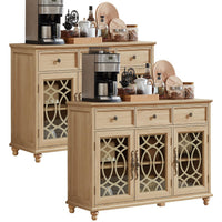 Farmhouse sideboard cabinet in light wood with drawers, hinged doors, and glass panels