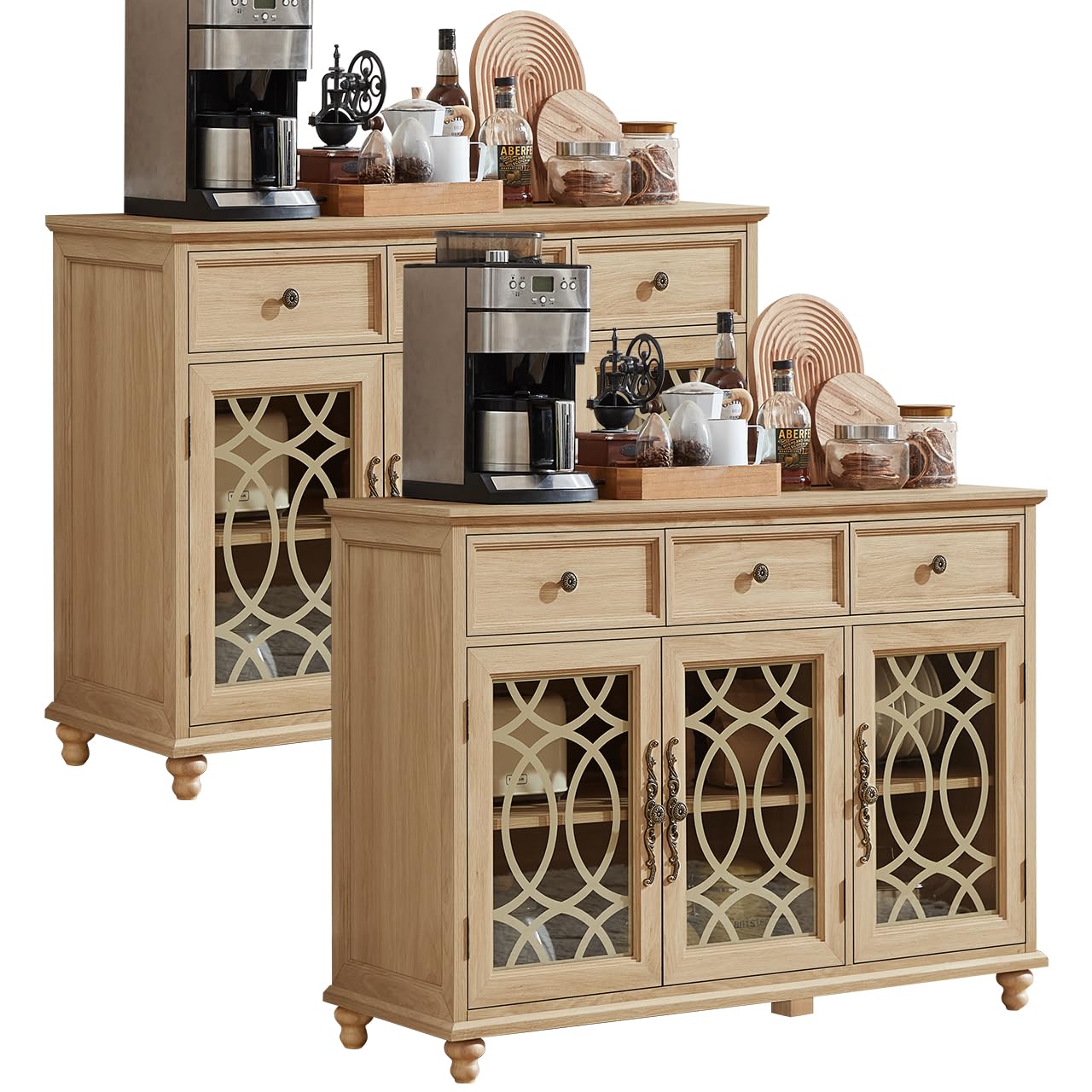 Farmhouse sideboard cabinet with 4 glass doors and 2 drawers, natural wood finish, feet