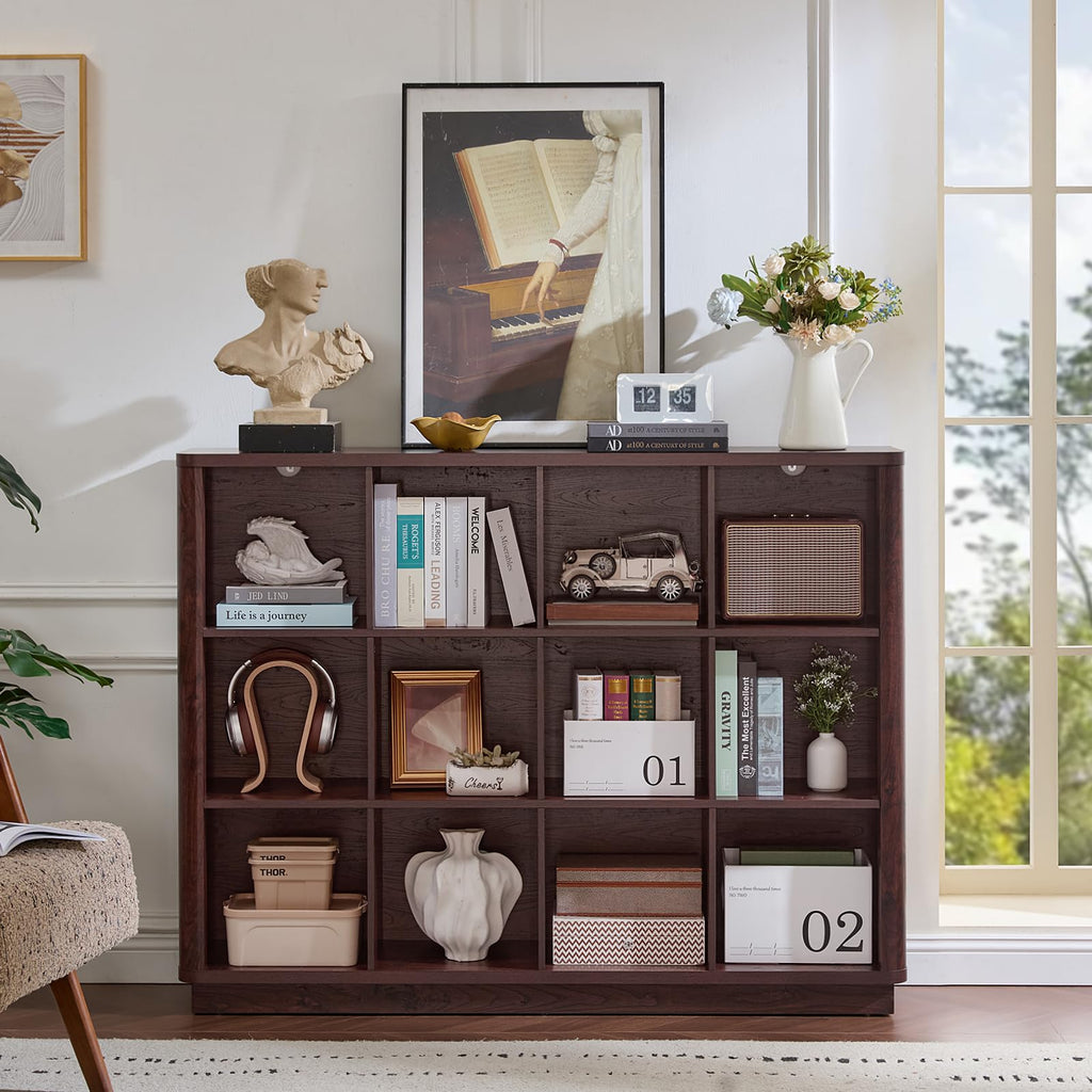 Dark brown wooden cube storage shelf with open cubbies, flat top, and front compartments.