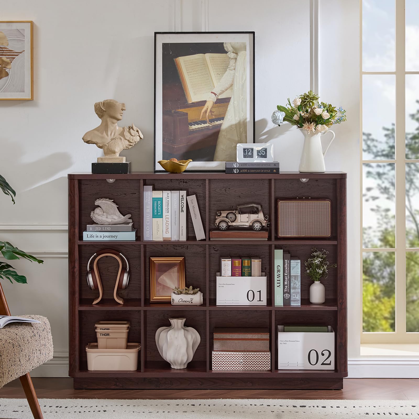 Dark brown wooden cube storage shelf with open cubbies, flat top, and front compartments.