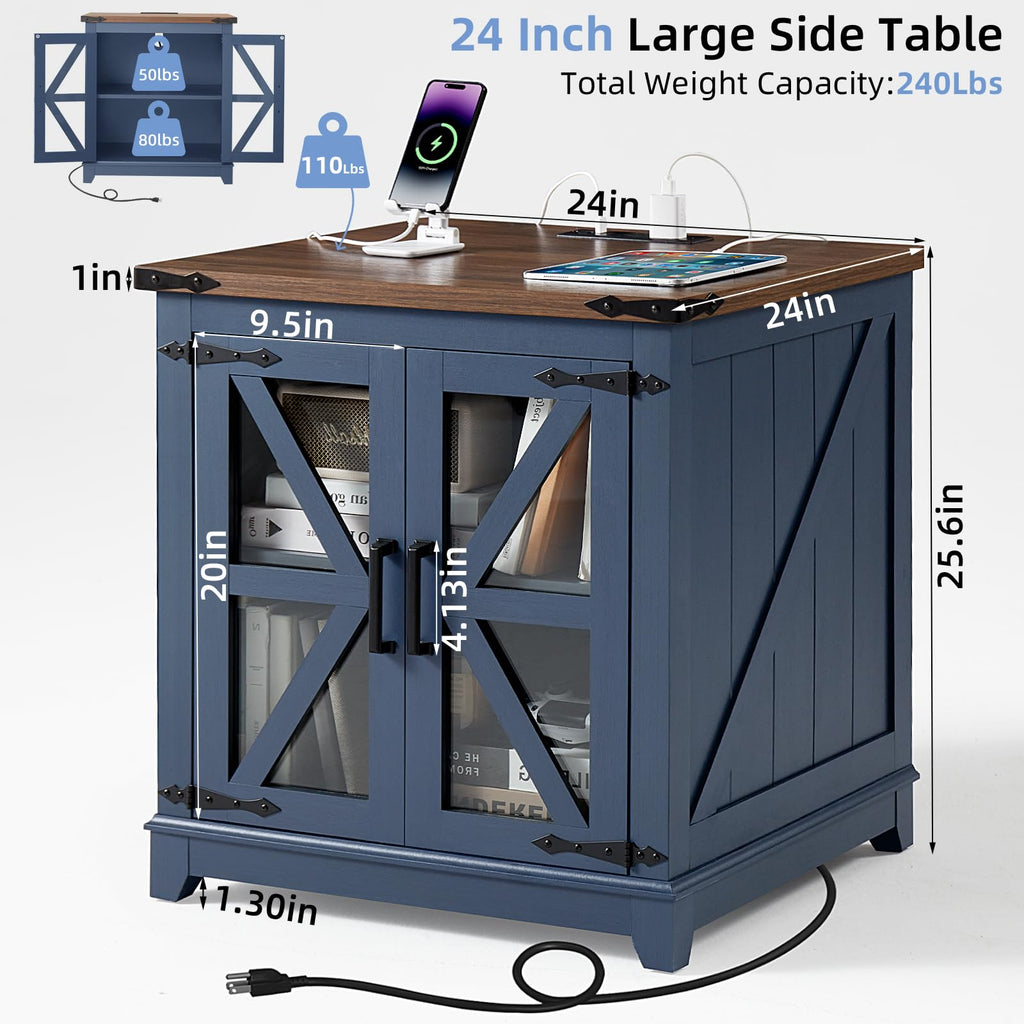 Farmhouse end table in blue with barn-door glass doors and cords on top.