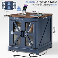 Farmhouse end table in blue with barn-door glass doors and cords on top.