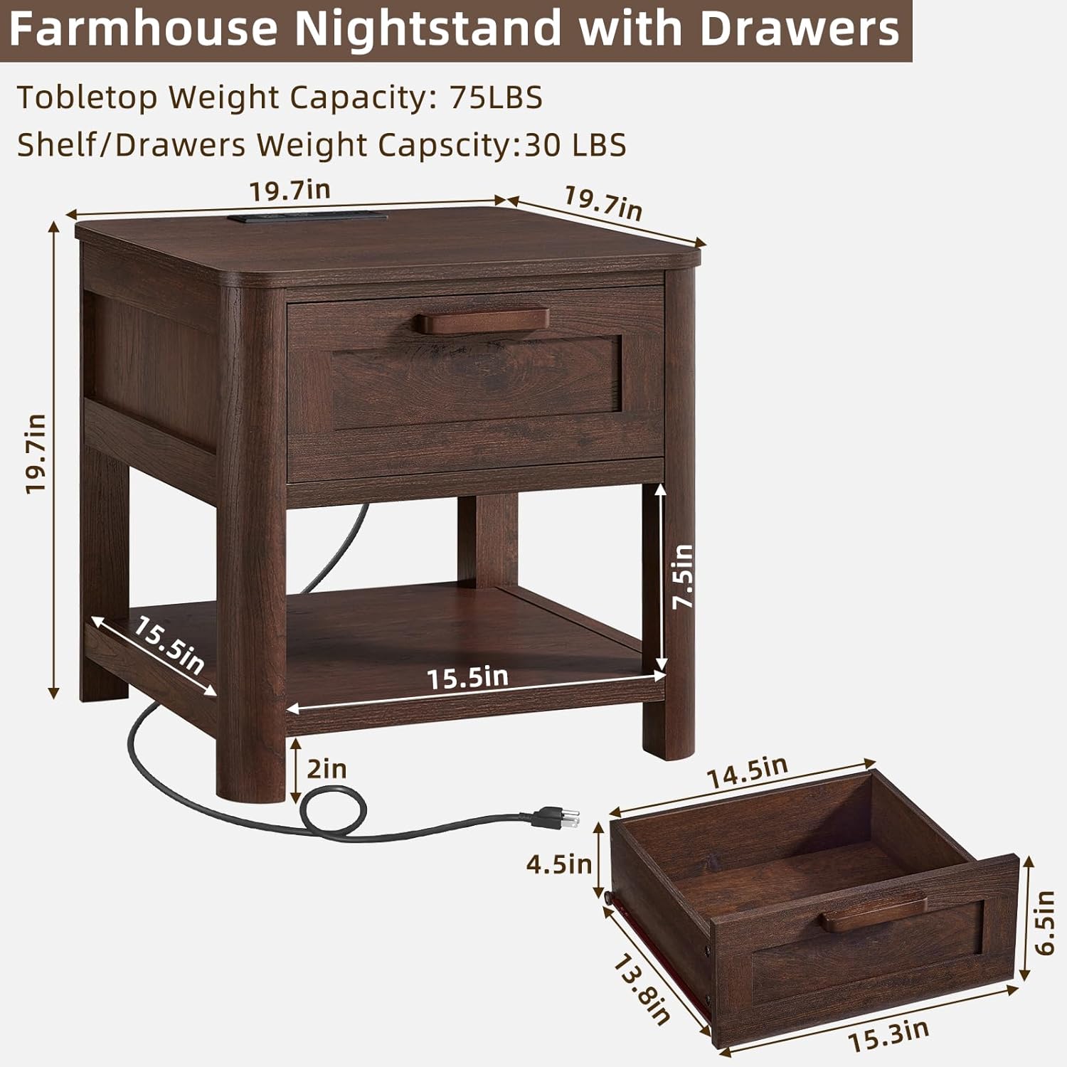 Dark walnut nightstand with one drawer, open bottom shelf, and charging cable port