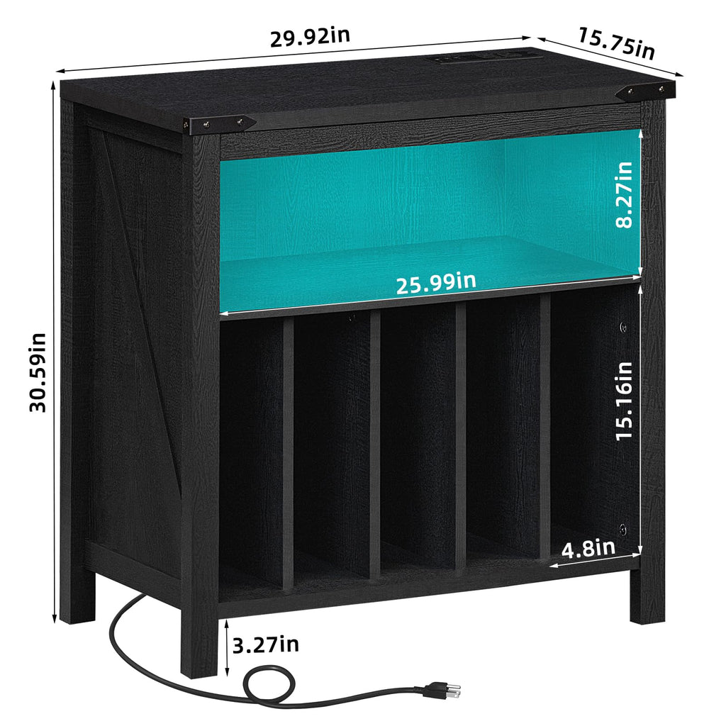 Black record player stand cabinet with measurements and blue-lit interior shelf