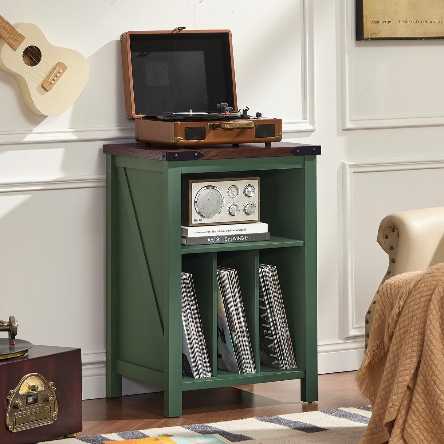 Record player stand with green cabinet and open shelf for vinyl records