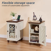 Narrow Side Table with Charging Station, Night Stand with Glass Door, Bedside End Tables with Adjustable Shelf Storage Cabinet,Wood Nightstand for Small Spaces Living Room Bedroom