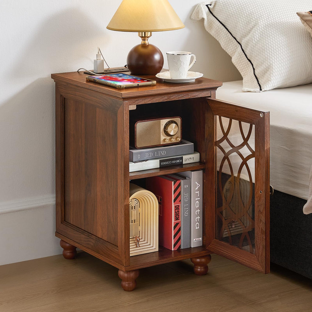 Brown wood nightstand cabinet with glass door and open shelf storage