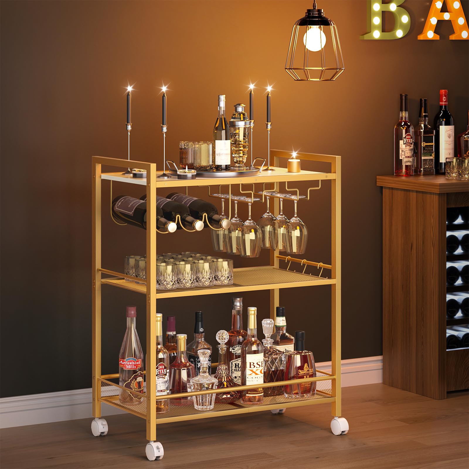 Gold rolling bar cart with 3-tier shelves, wine bottle rack, and glassware storage