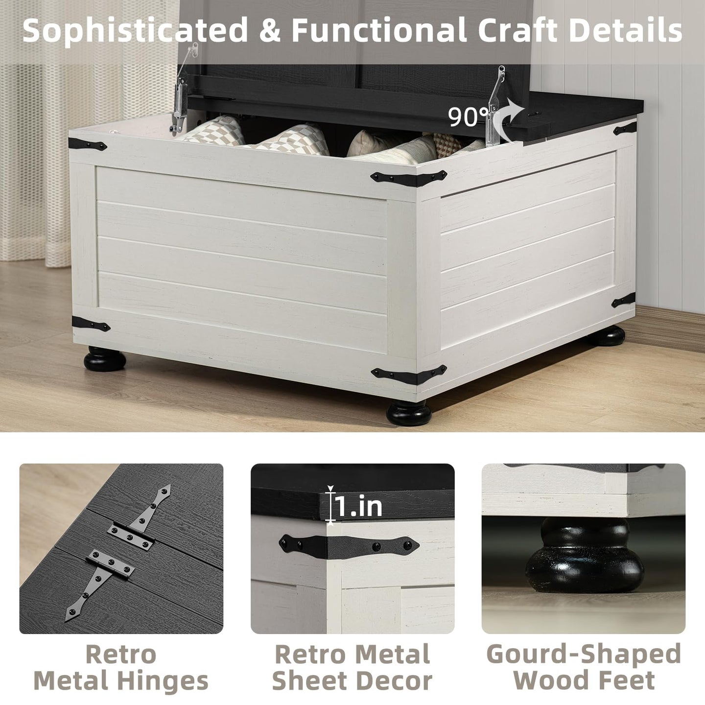 White storage coffee table with 90° open flip-top lid and decorative metal hinges