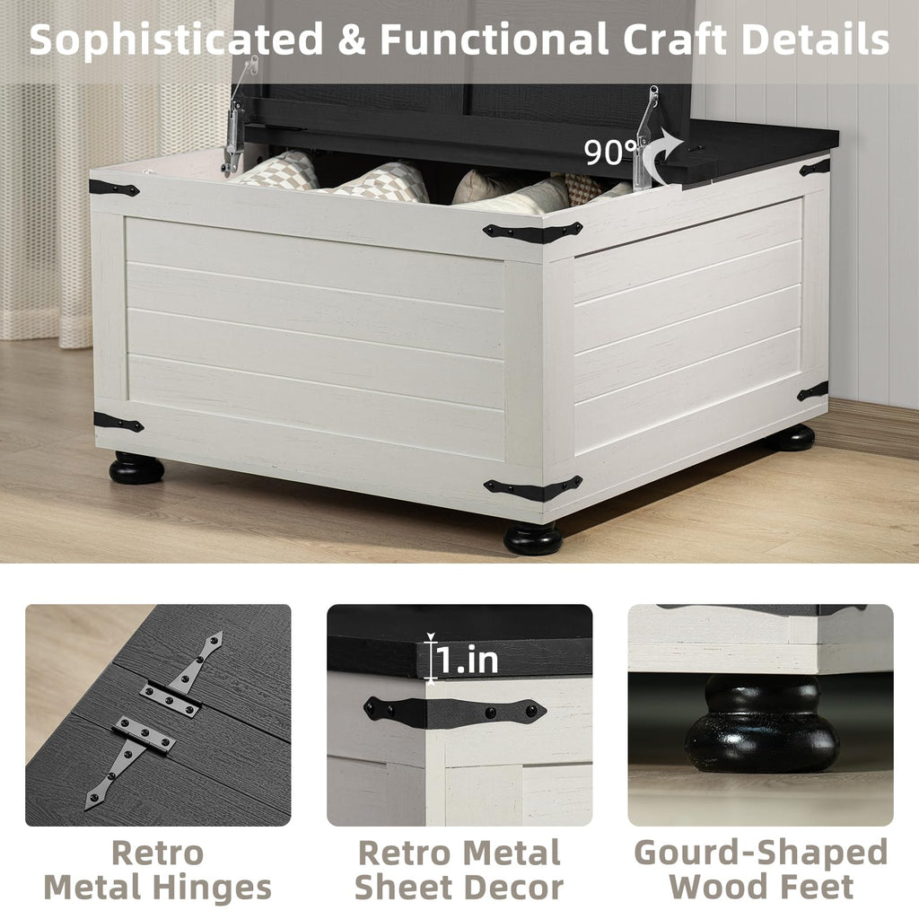 Square coffee table with hinged lift lid open, showing storage interior