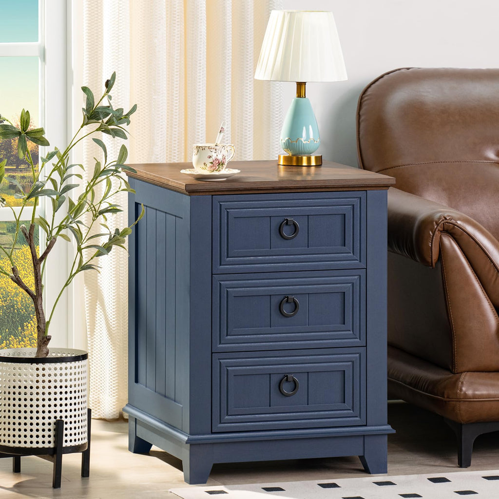 Blue farmhouse nightstand with three drawers and round knobs